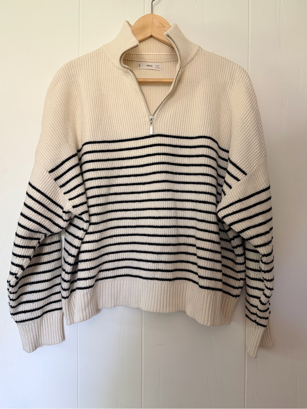 Mango Cream Half-Zip Sweater with Black Stripes L